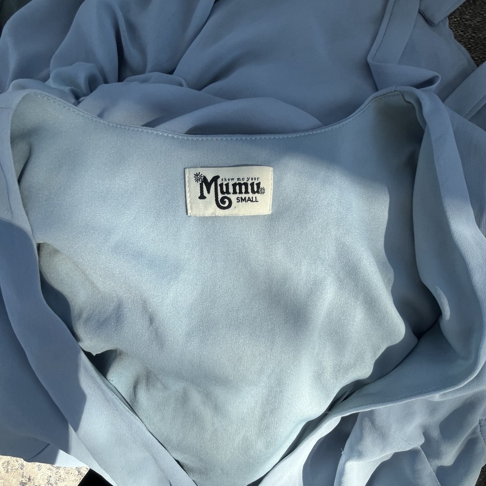 Show Me Your Mumu Noelle Flutter Wrap Dress Dusty Blue Size Small‎ - Picture 9 of 10